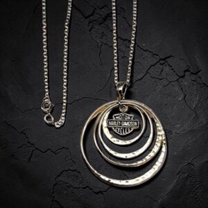 HD Harley Davidson Long 925 Sterling Silver Layered Circle Pendant Necklace 30”